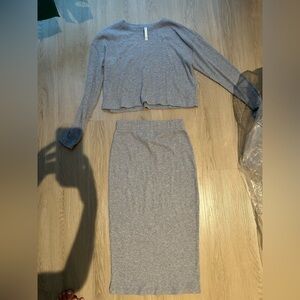 Aritzia Gray Ribbed Knit Skirt Set with top